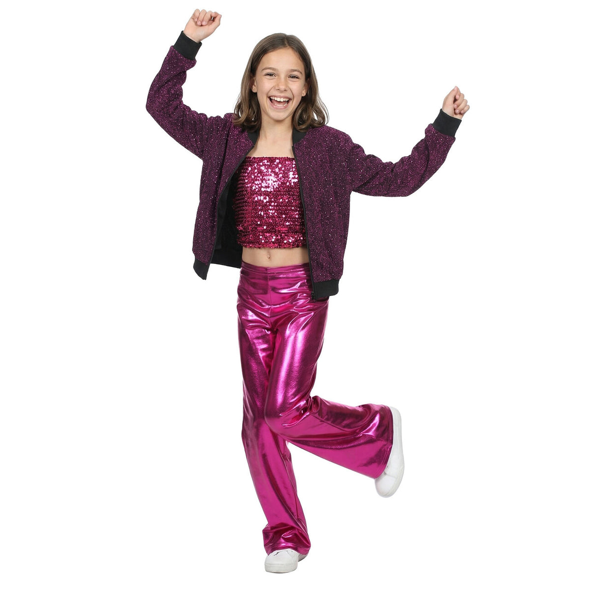Op deze afbeelding zie je een Kostuums, van het merk Wilbers. Purple Party Glitter Jas Meisje