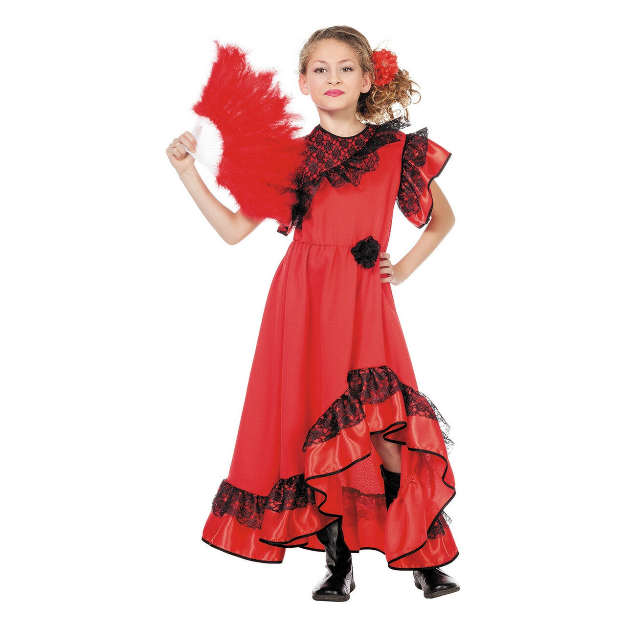 Op deze afbeelding zie je een Kostuums, van het merk Wilbers. Rode Flamenco Jurk Spaanse Senorita Carmen Meisje