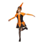 Op deze afbeelding zie je een Kostuums, van het merk Wilbers. Oranje Pierrot Luxe Joker Meisje Kostuum