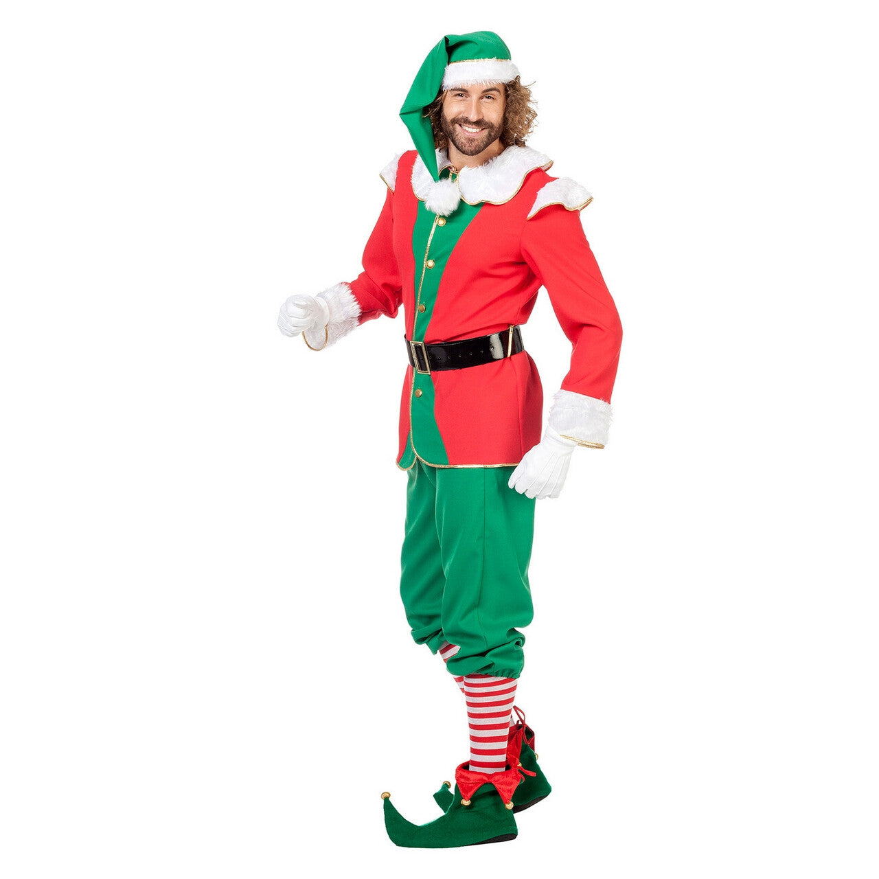 Op deze afbeelding zie je een Kostuums, van het merk Wilbers. Engelse Elf Rood / Groen Met Muts Man Kostuum