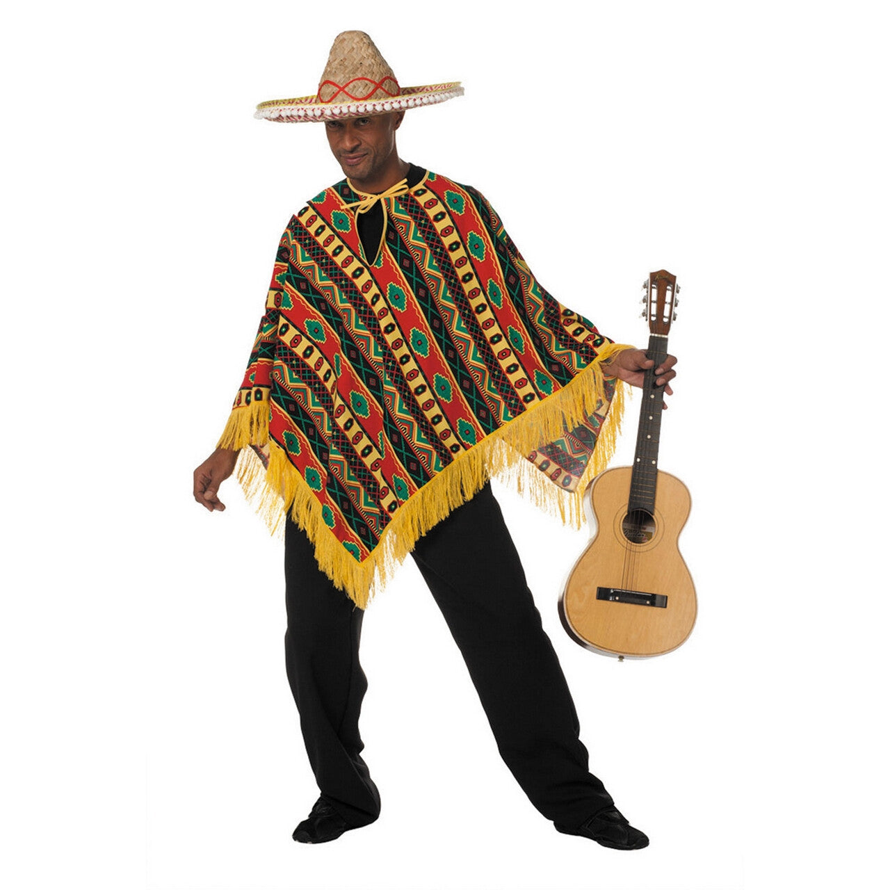 Op deze afbeelding zie je een Kostuums, van het merk Wilbers. Rood-Geel-Groene Mexicaan Poncho Higuitta Man Kostuum