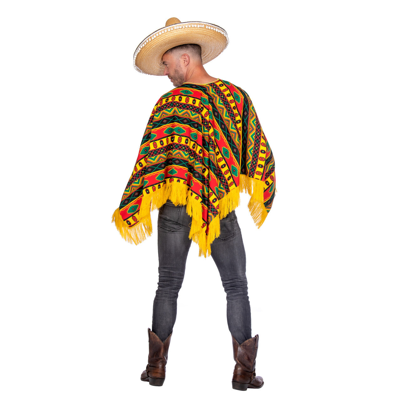 Op deze afbeelding zie je een Kostuums, van het merk Wilbers. Rood-Geel-Groene Mexicaan Poncho Higuitta Man Kostuum