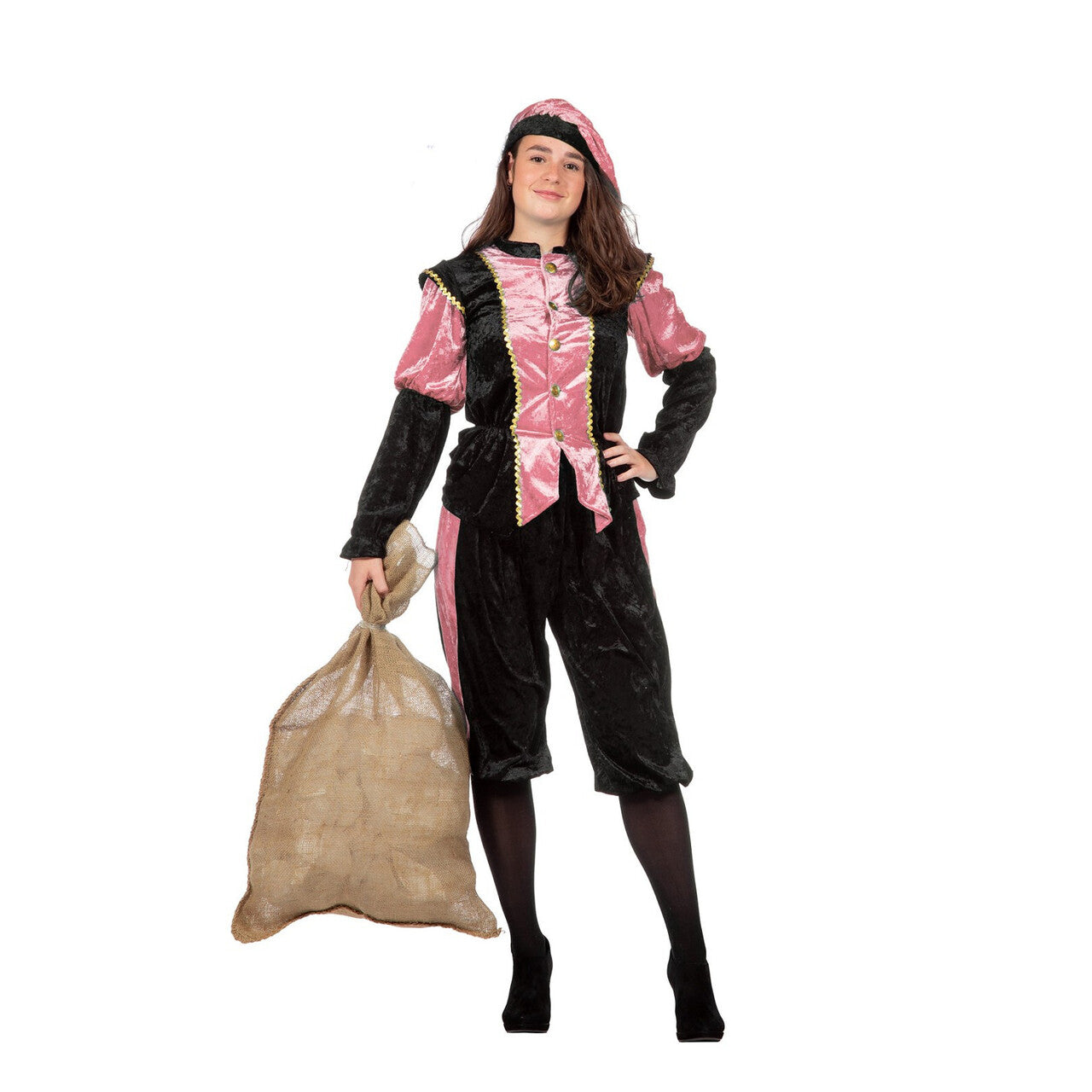 Op deze afbeelding zie je een Kostuums, van het merk Wilbers. Roze Piet Pansamt Budget Kostuum