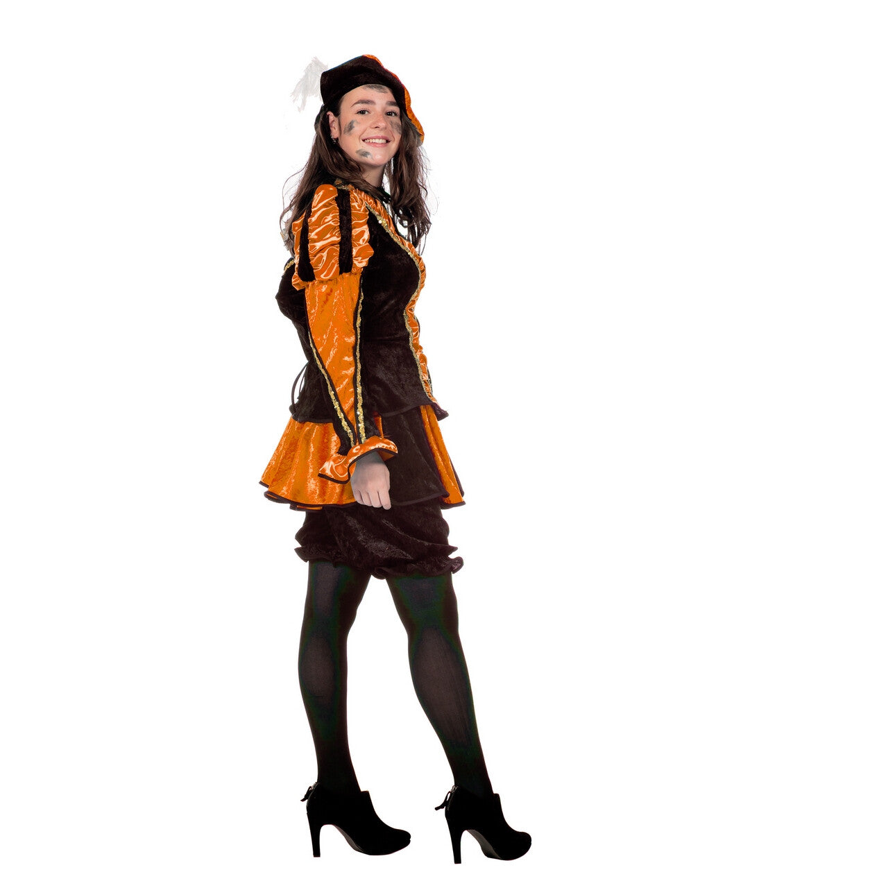 Op deze afbeelding zie je een Kostuums, van het merk Wilbers. Oranje Gestreepte Piet Dames Vrouw Kostuum