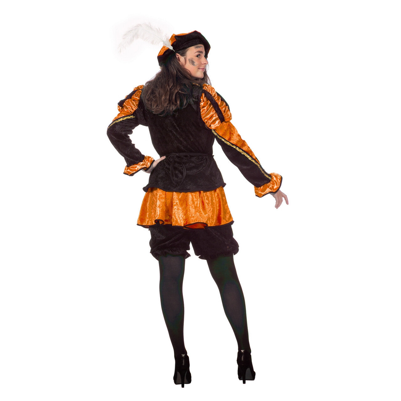 Op deze afbeelding zie je een Kostuums, van het merk Wilbers. Oranje Gestreepte Piet Dames Vrouw Kostuum