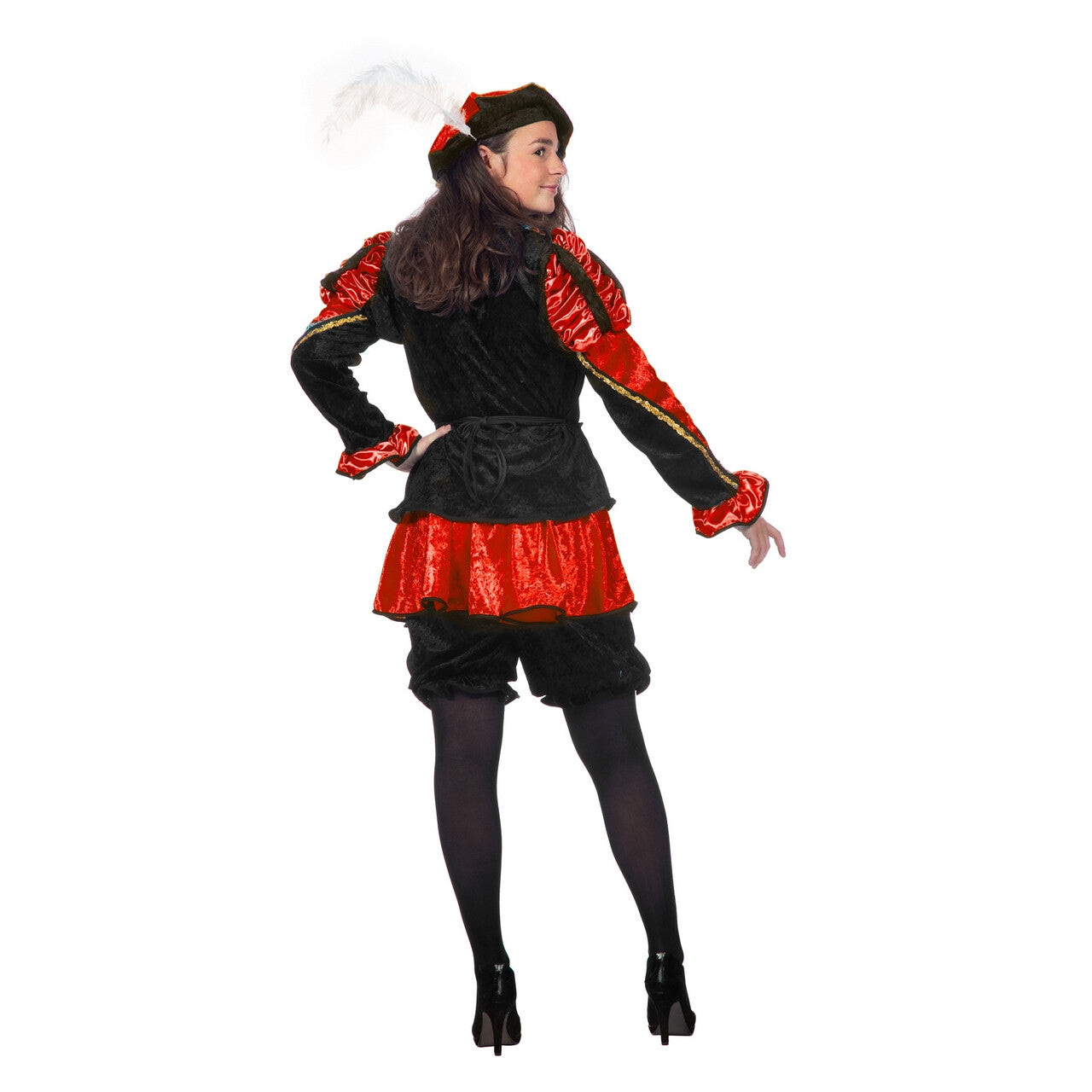 Op deze afbeelding zie je een Kostuums, van het merk Wilbers. Dieprode Gestreepte Piet Dames Pietenpak Vrouw Kostuum