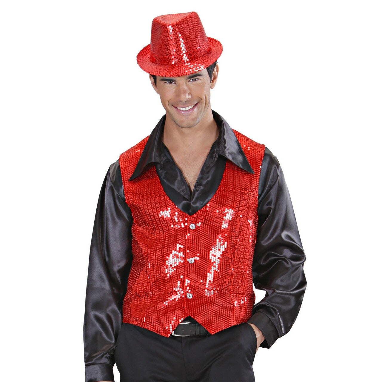 Op deze afbeelding zie je een Kostuums, van het merk Widmann. Showmaster Pailletten Vest Rood Man