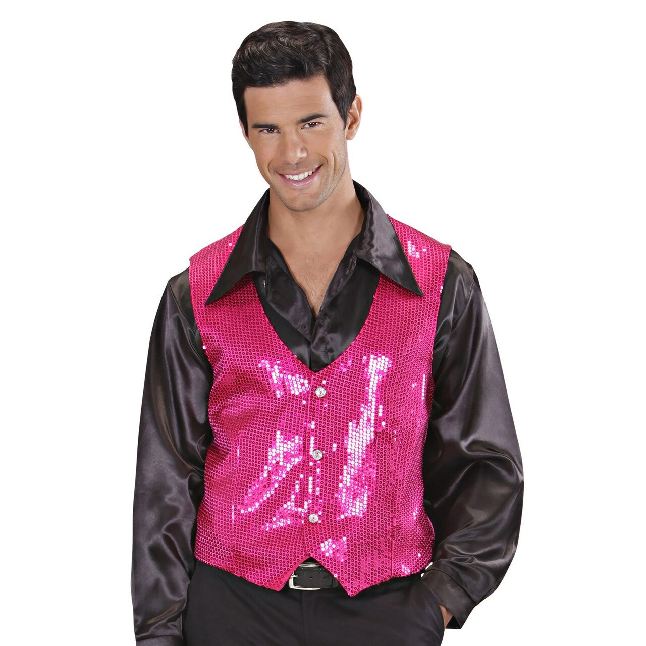 Op deze afbeelding zie je een Kostuums, van het merk Widmann. Showmaster Pailletten Vest Roze Man