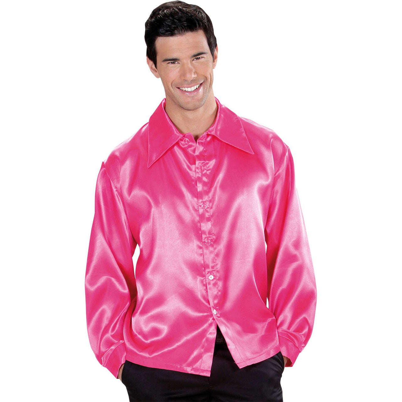 Op deze afbeelding zie je een Kostuums, van het merk Widmann. 70s Disco Shirt Roze Satijn Man