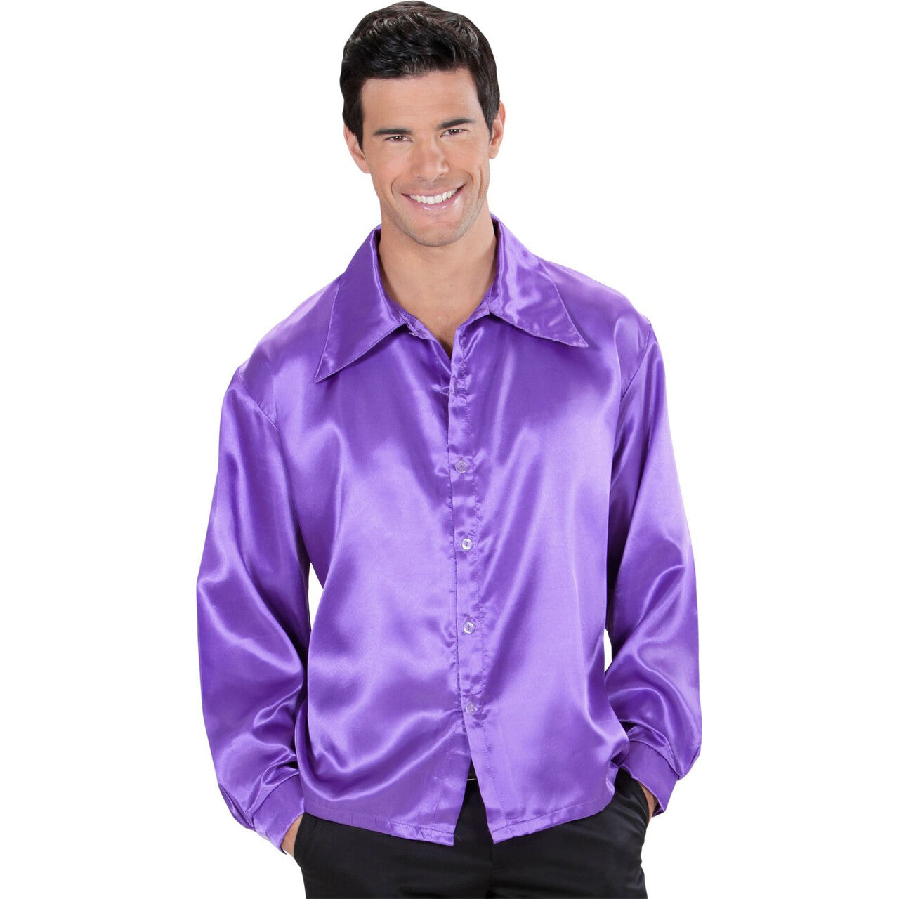 Op deze afbeelding zie je een Kostuums, van het merk Widmann. 70s Disco Shirt Paars Satijn Man