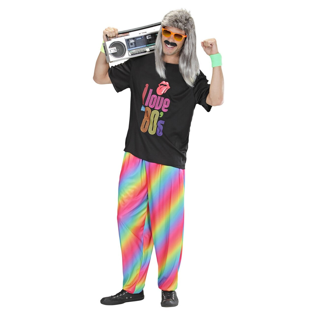 Op deze afbeelding zie je een Kostuums, van het merk Widmann. Baggy Broek 80s Regenboog Kleuren Man