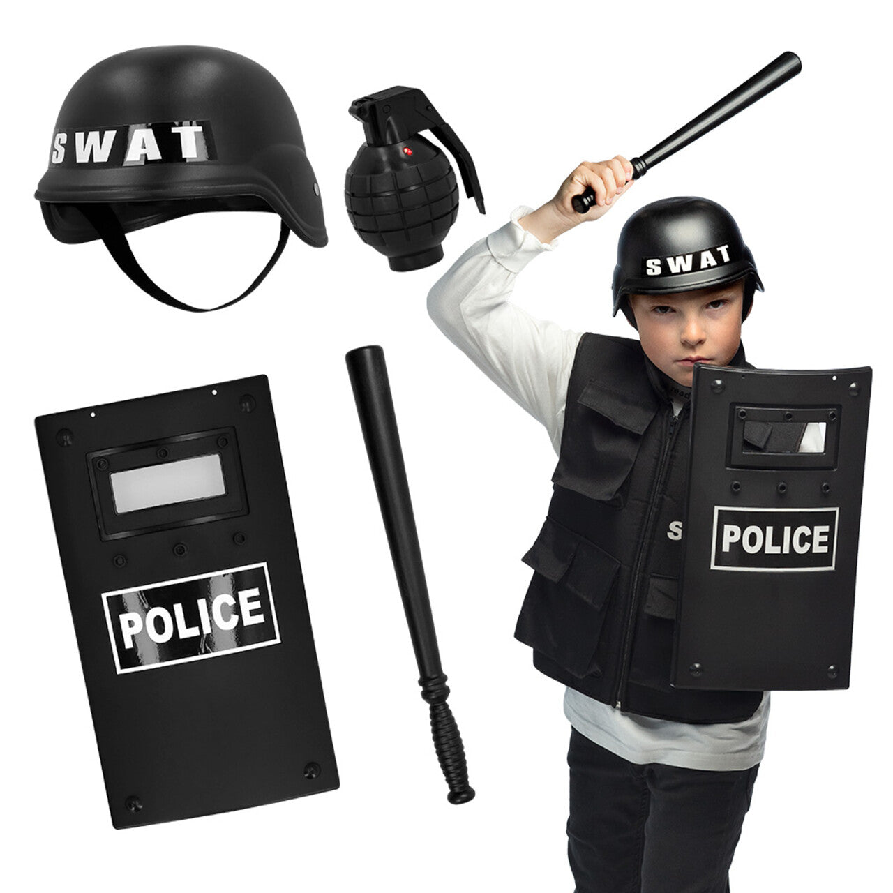 Op deze afbeelding zie je een Accessoires, van het merk Boland. Accessoire Set Swat Politie 4delig