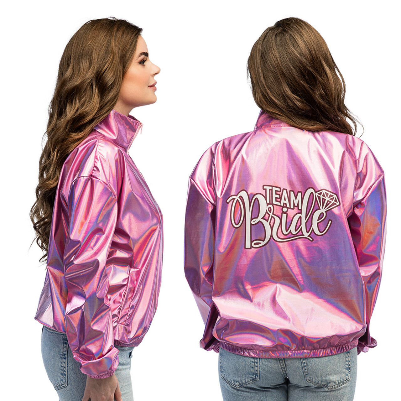 Op deze afbeelding zie je een Kostuums, van het merk Boland. Megacoole Metallic Roze Jasje Team Bride Vrouw