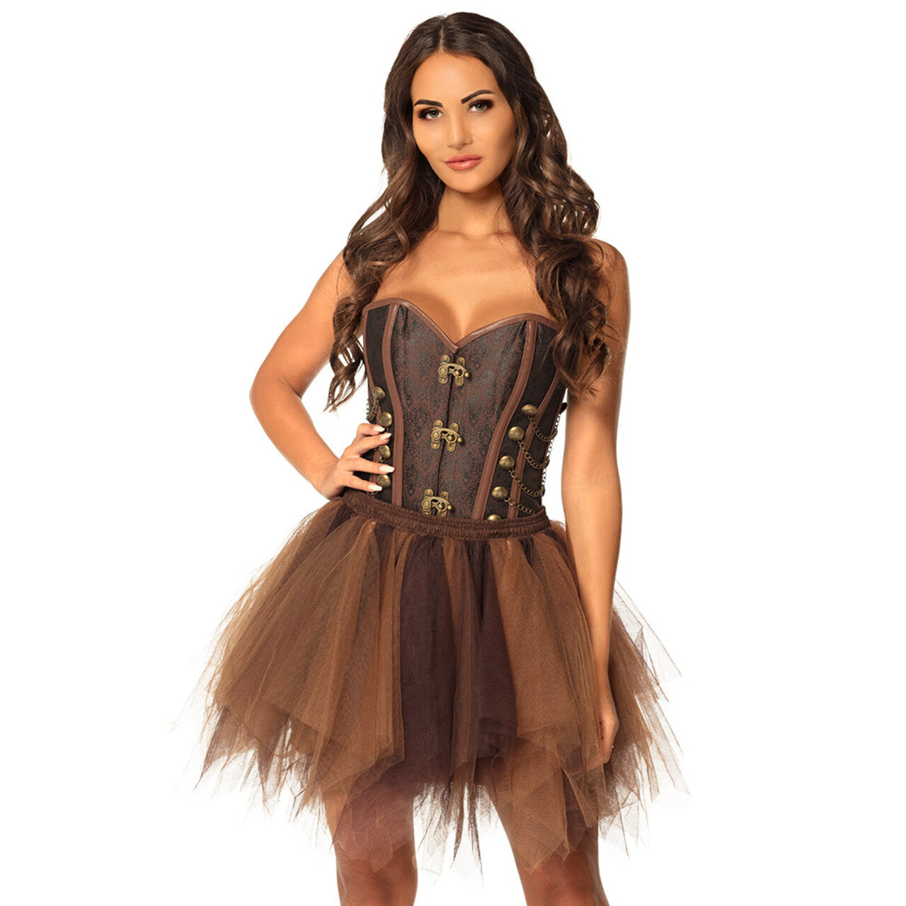 Op deze afbeelding zie je een Kostuums, van het merk Boland. Steampunk Petticoat Bruin / Taupe 3 Laags Vrouw