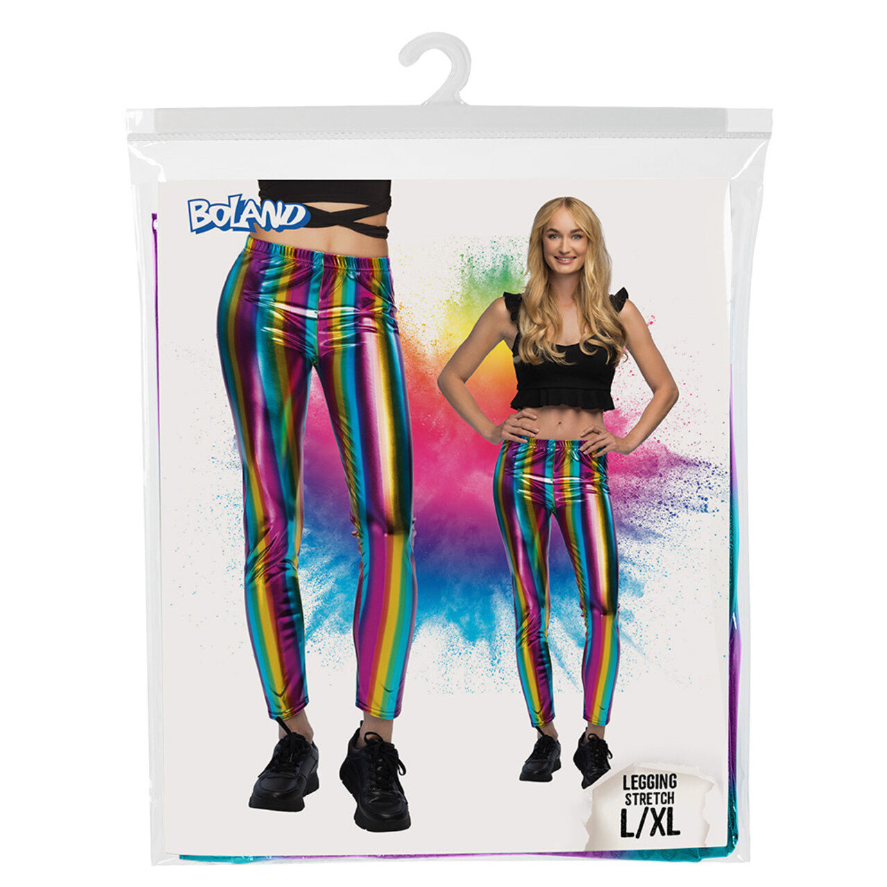 Op deze afbeelding zie je een Kostuums, van het merk Boland. Legging Metallic Regenboog Vrouw