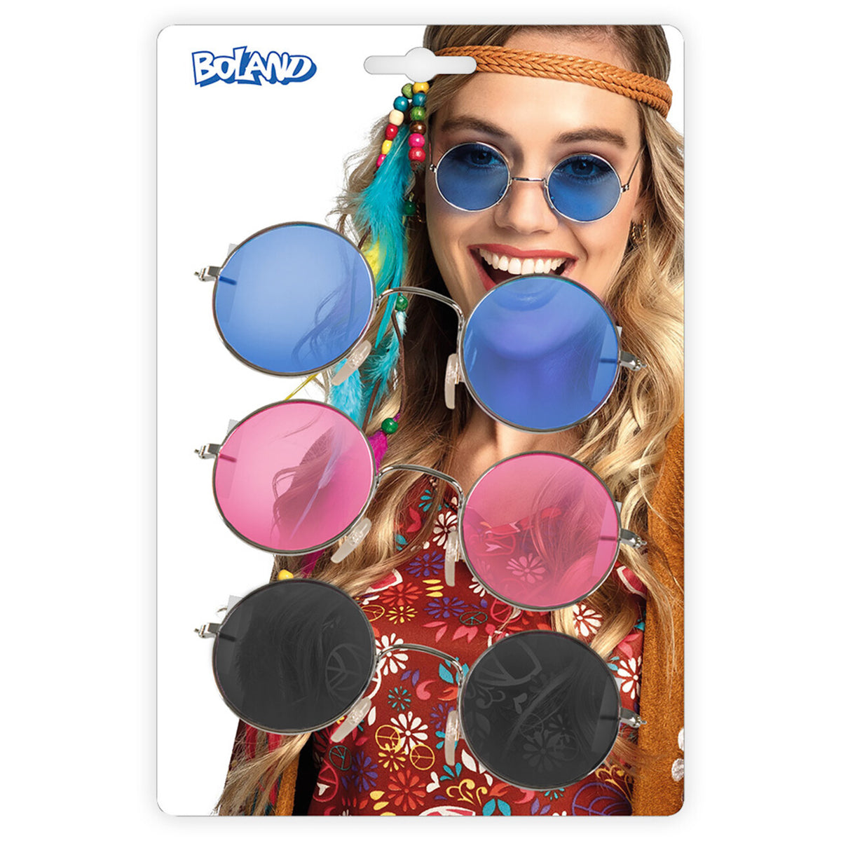 Op deze afbeelding zie je een Accessoires, van het merk Boland. Set 3 Stuks Partybrillen Ozzy Blauw / Roze / Zwart