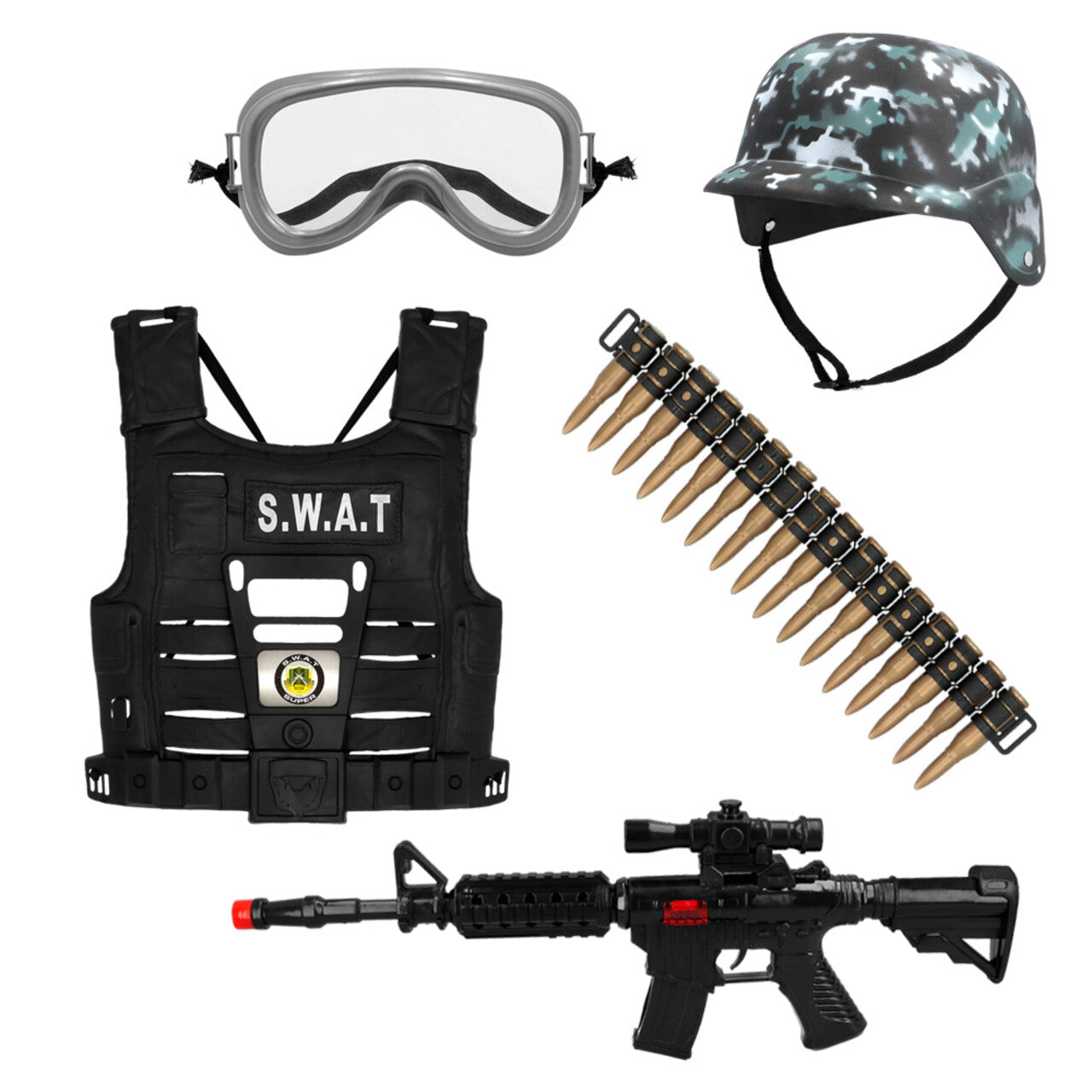 Op deze afbeelding zie je een Kostuums, van het merk Boland. Kinderset s.w.a.t (Helm, Vest, Veiligheidsbril, Kogelriem, Geweer) Kind Kostuum
