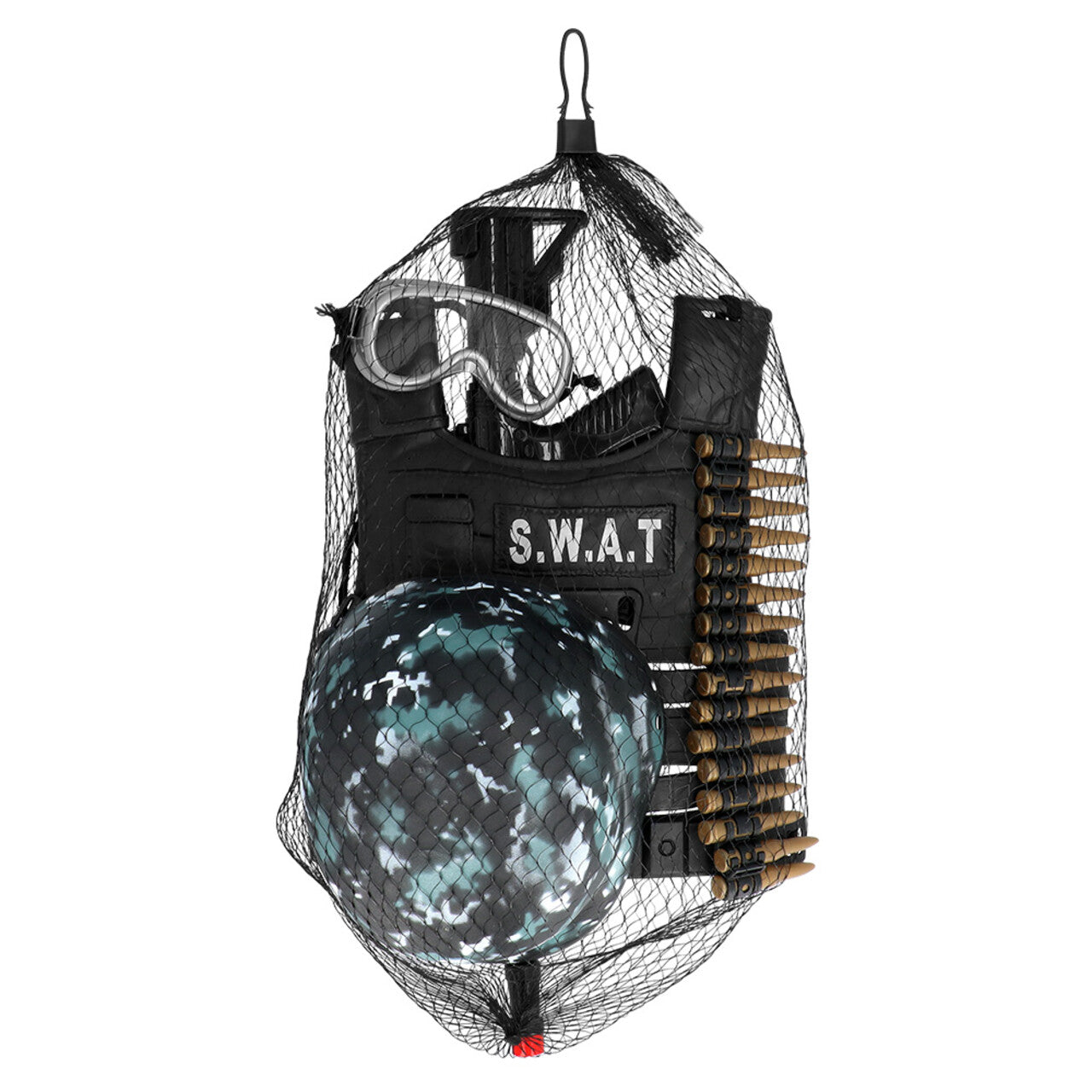 Op deze afbeelding zie je een Kostuums, van het merk Boland. Kinderset s.w.a.t (Helm, Vest, Veiligheidsbril, Kogelriem, Geweer) Kind Kostuum