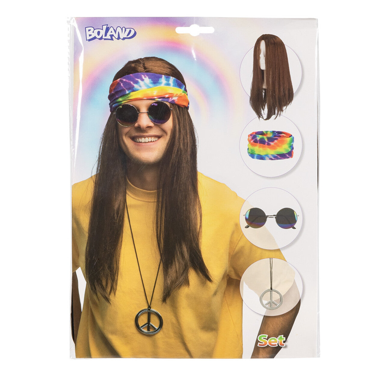 Op deze afbeelding zie je een Accessoires, van het merk Boland. Set Hippie John (Hoofdband, Partybril, Pruik En Ketting)