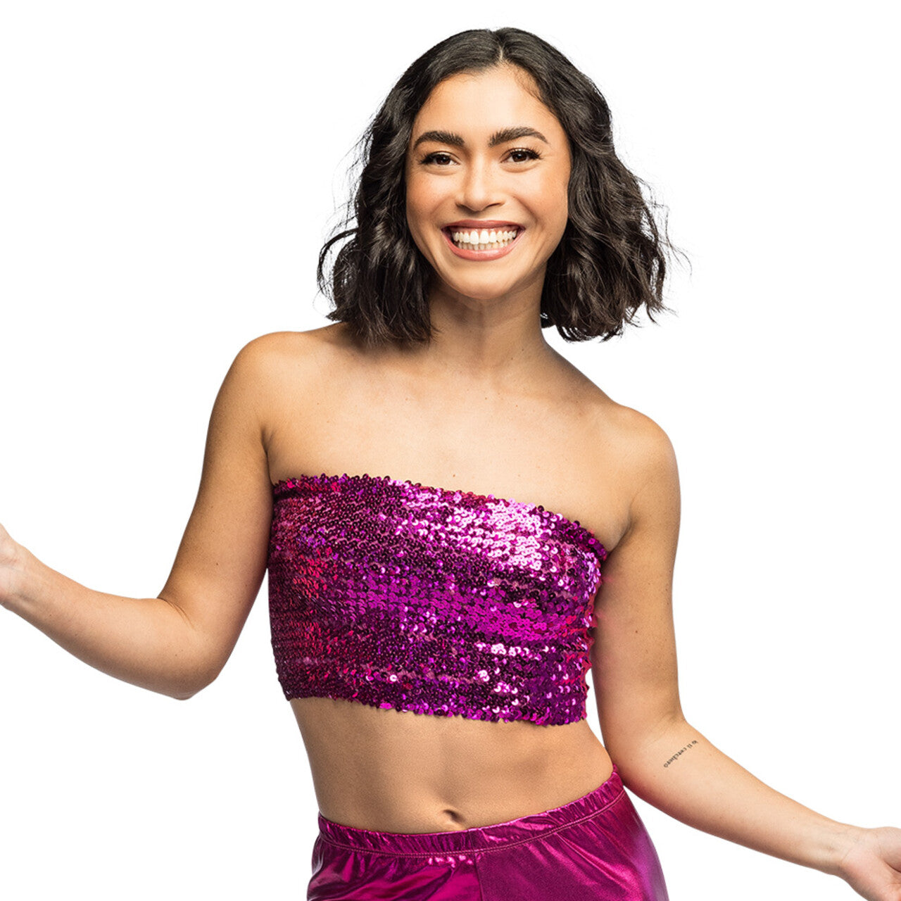 Op deze afbeelding zie je een Kostuums, van het merk Boland. Festival Top Sparkle Pailletten Roze Vrouw