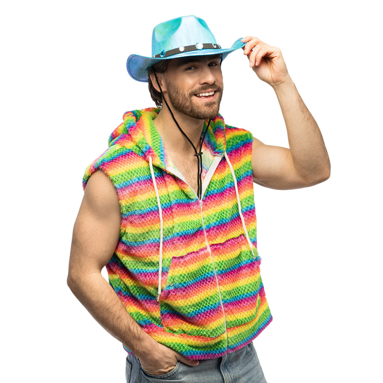 Op deze afbeelding zie je een Kostuums, van het merk Boland. Must Have Bodywarmer Fluffy Regenboog