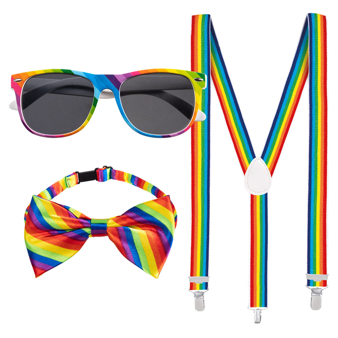 Op deze afbeelding zie je een Accessoires, van het merk Boland. Gentleman Party Set Regenboog (Partybril, Vlinderstrik En Bretels)