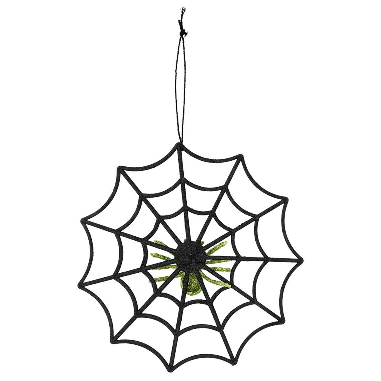 Op deze afbeelding zie je een Decoratie, van het merk Boland. Spinnenweb Met Groene Glitterspin