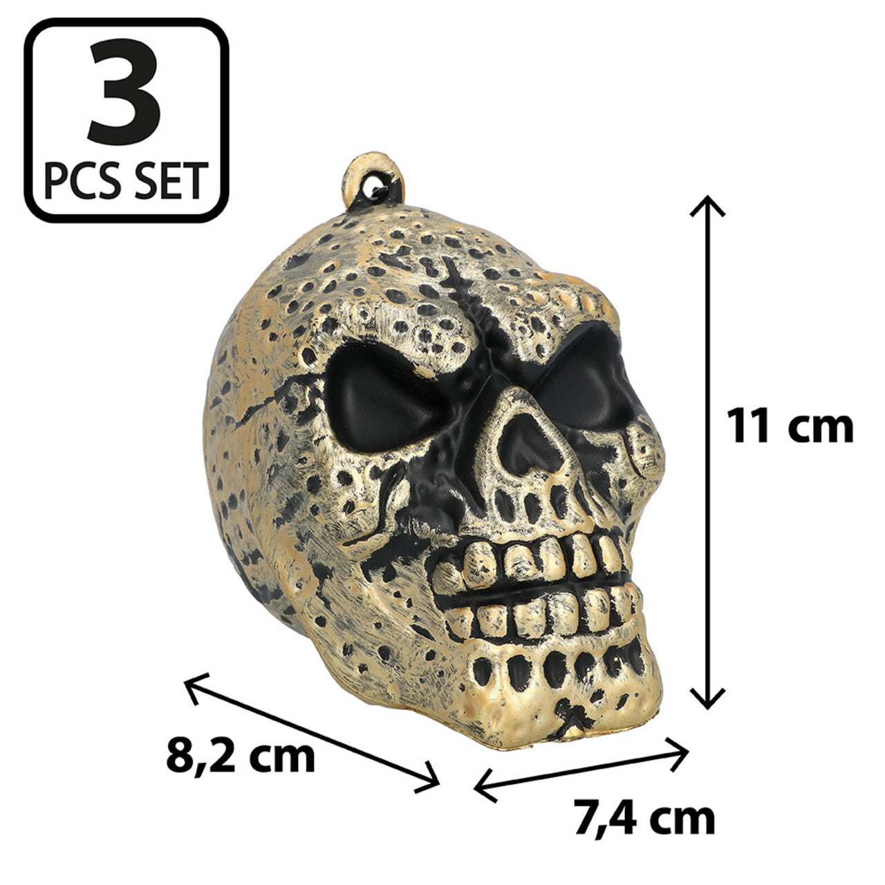 Op deze afbeelding zie je een Decoratie, van het merk Boland. Set 3 Decoratie Schedels Goud