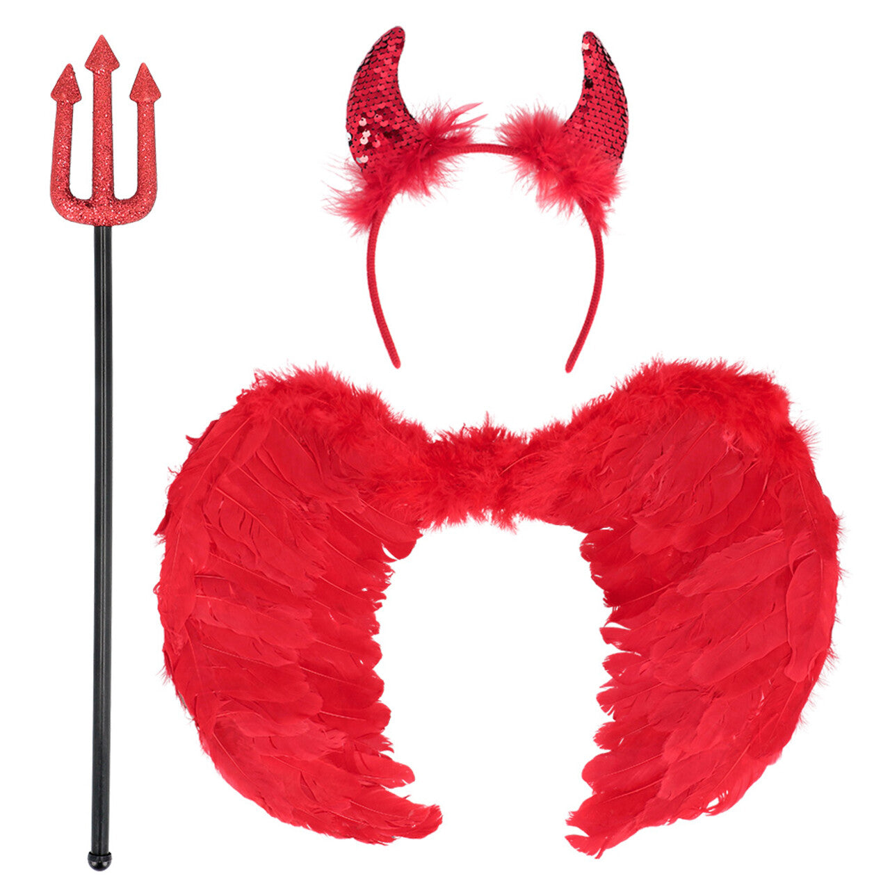 Op deze afbeelding zie je een Accessoires, van het merk Boland. Set Gevleugelde Duivel Hoorntjes Vleugels En Vork 58 Cm