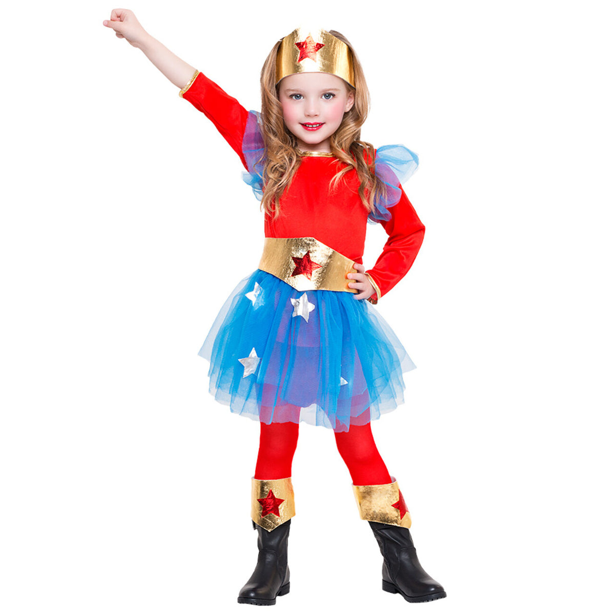 Op deze afbeelding zie je een Kostuums, van het merk Boland. Superheldin Wondergirl Meisje Kostuum