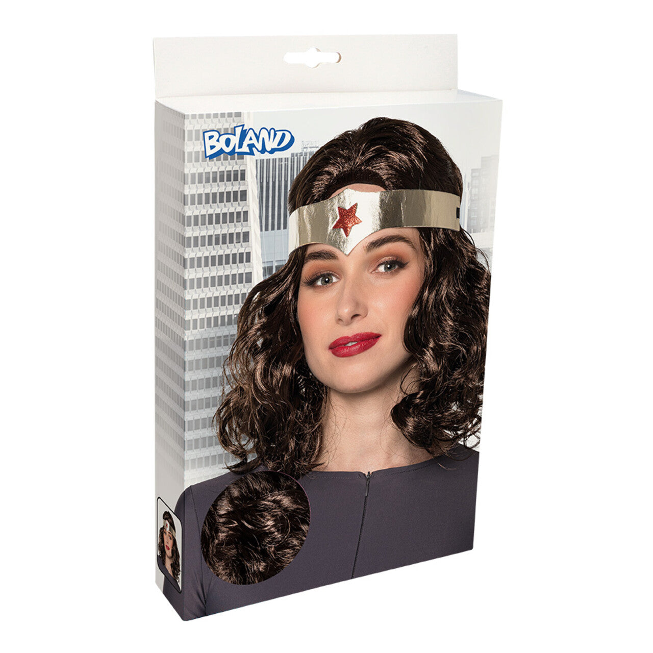 Op deze afbeelding zie je een Accessoires, van het merk Boland. Pruik Superheldin Met Hoofdband