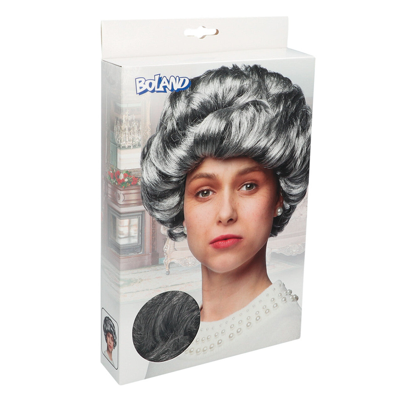 Op deze afbeelding zie je een Accessoires, van het merk Boland. Pruik Elizabeth Granny Grey
