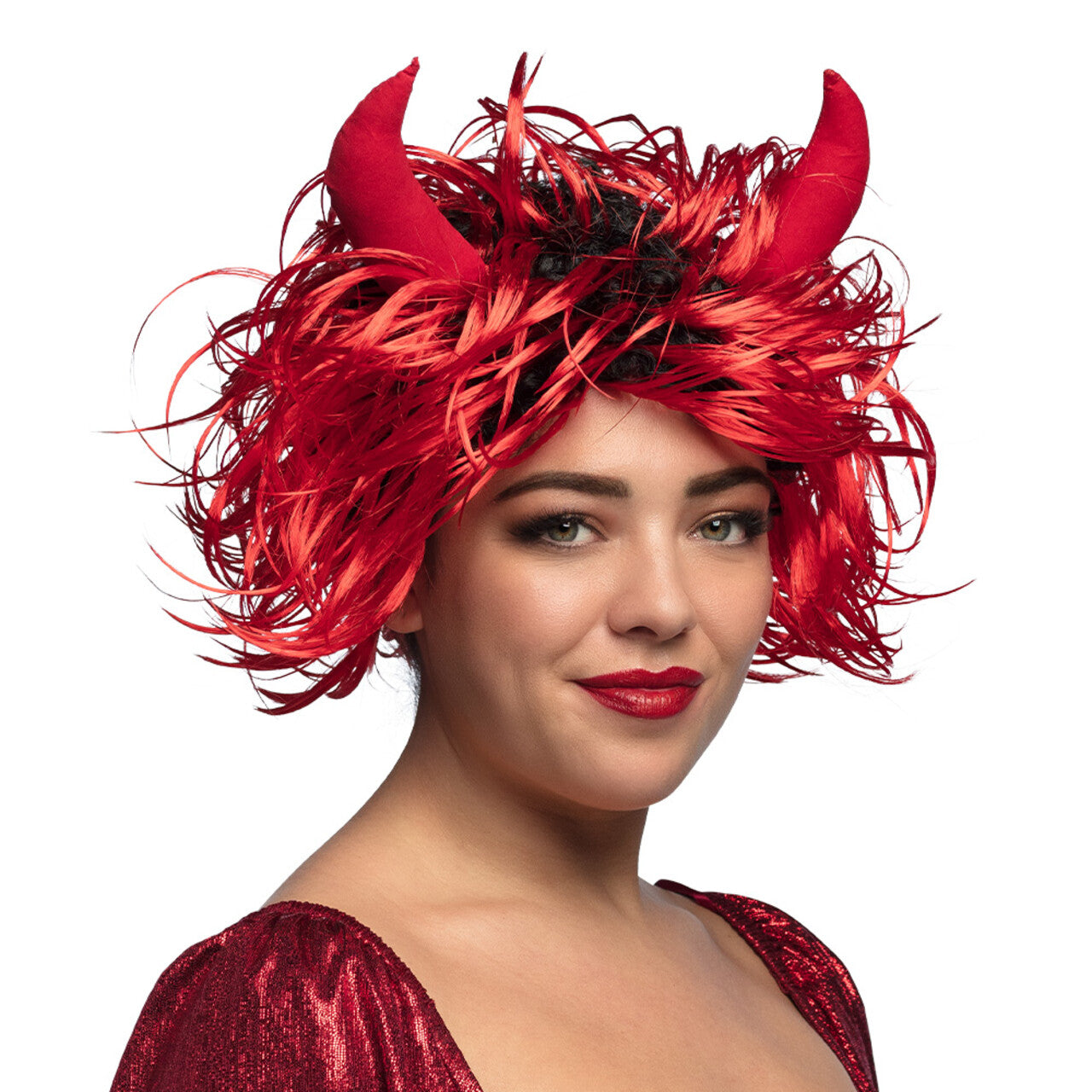 Op deze afbeelding zie je een Accessoires, van het merk Boland. Pruik Curly Devil Met Hoorntjes