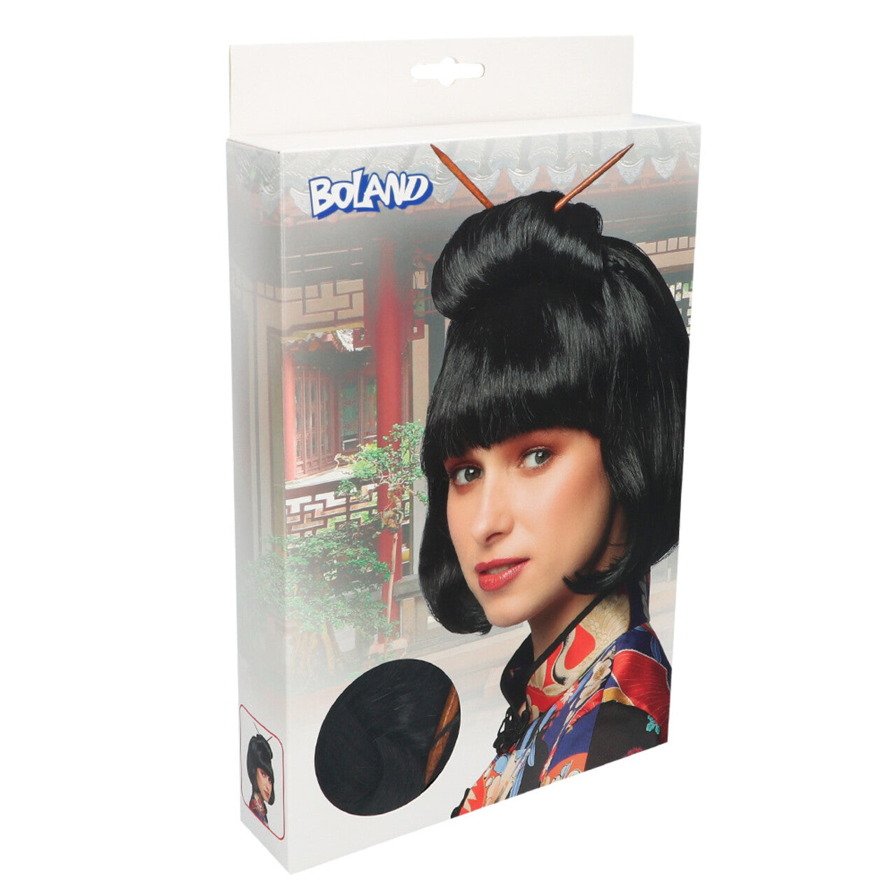 Op deze afbeelding zie je een Kostuums, van het merk Boland. Pruik Chinese Bju Ti Vrouw Kostuum