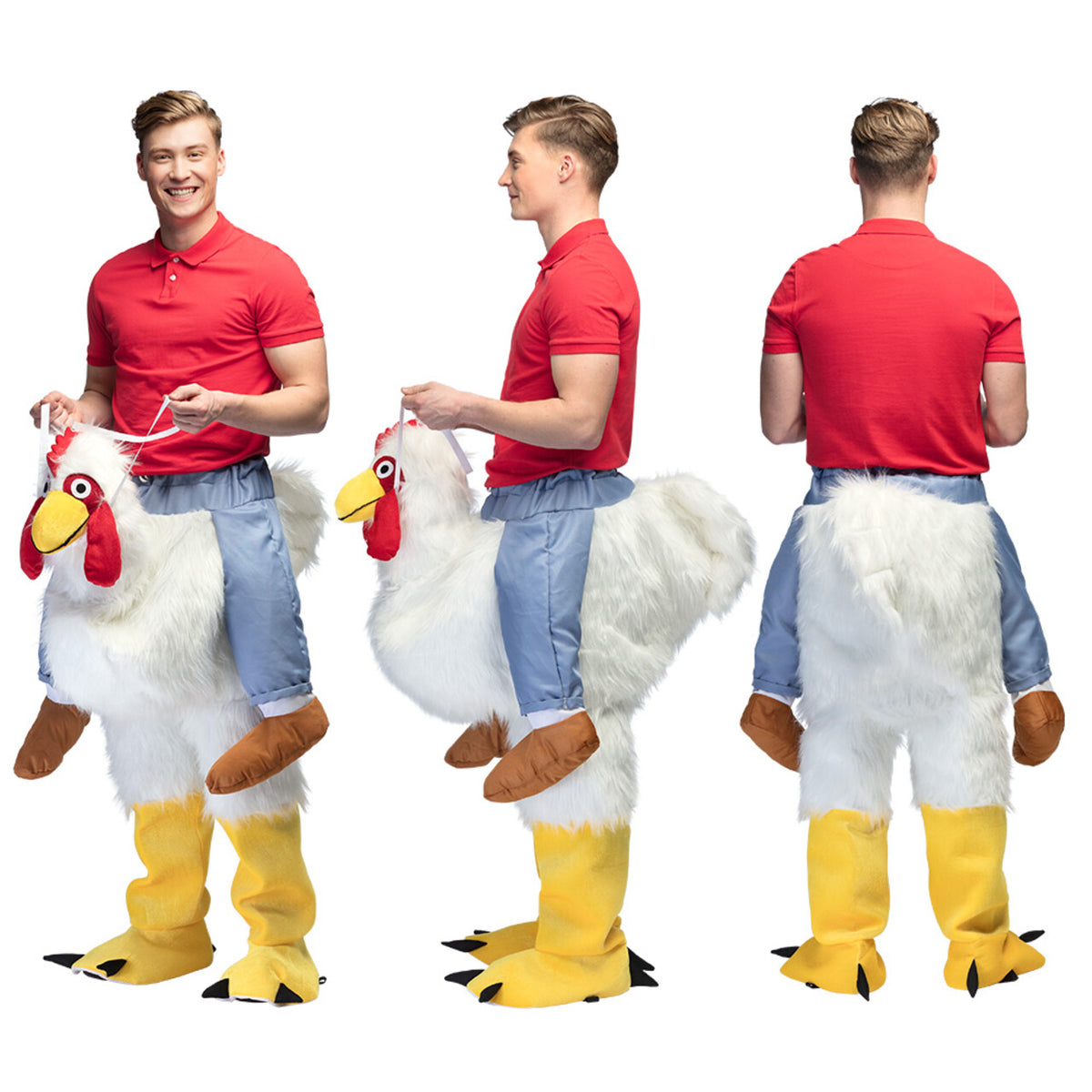 Op deze afbeelding zie je een Kostuums, van het merk Boland. Chicken Jockey Op De Rug Van Een Kip Kostuum