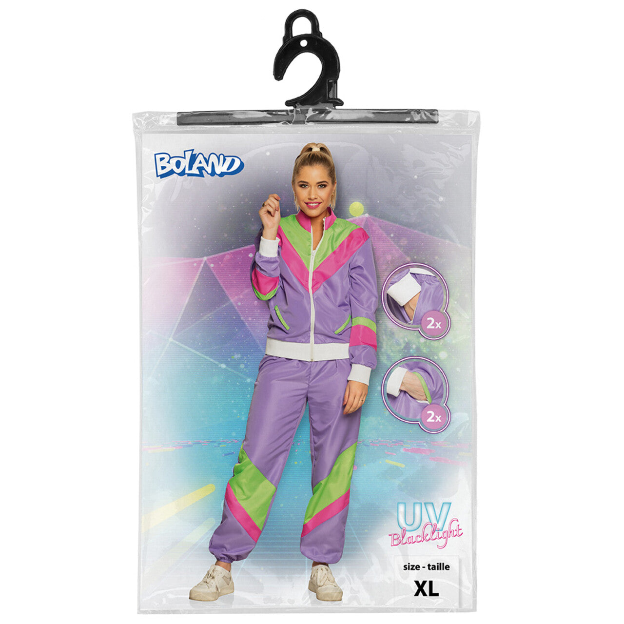 Op deze afbeelding zie je een Kostuums, van het merk Boland. Trainingspak Retro Babe Paars Vrouw Kostuum