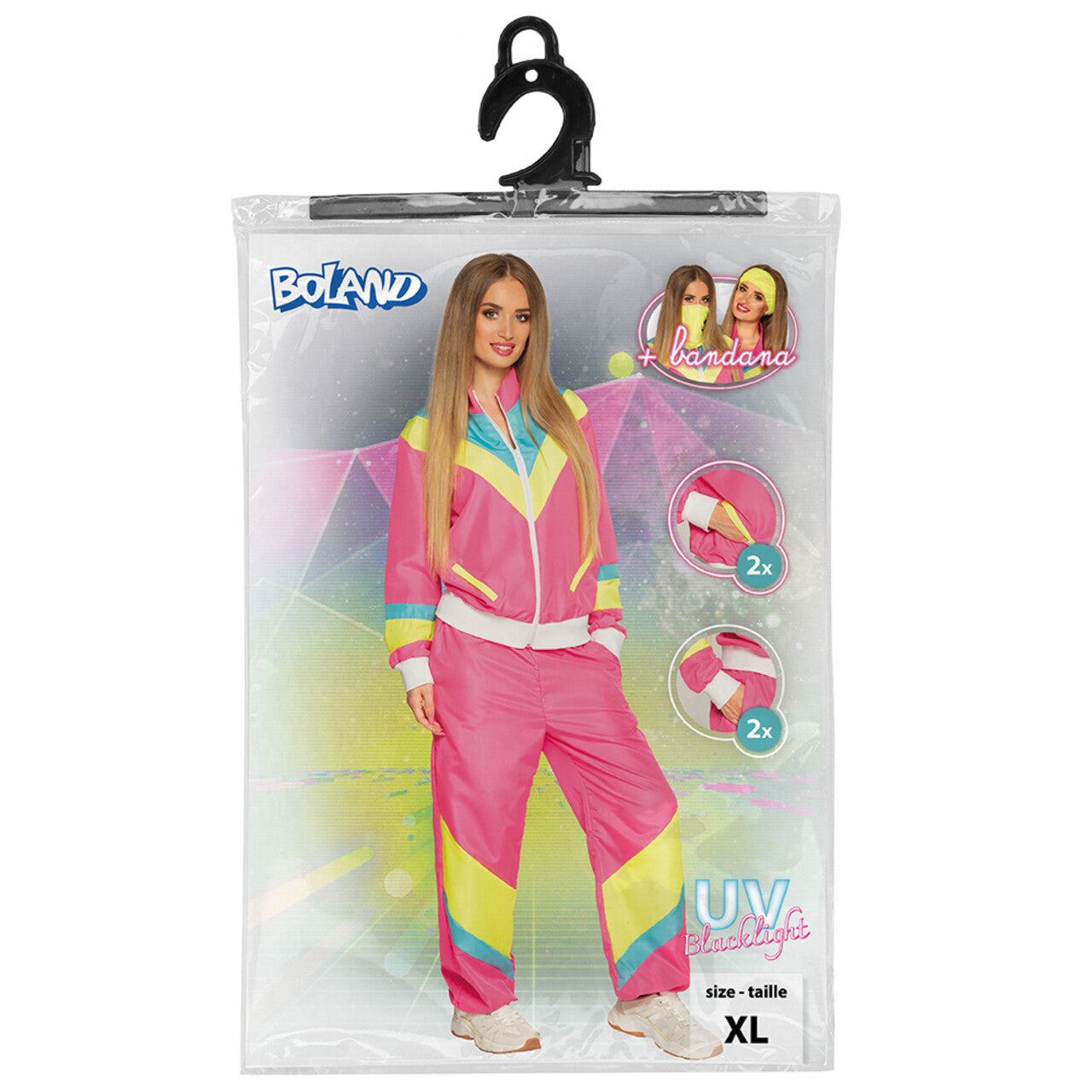 Op deze afbeelding zie je een Kostuums, van het merk Boland. Trainingspak Retro Babe Neonroze Vrouw Kostuum