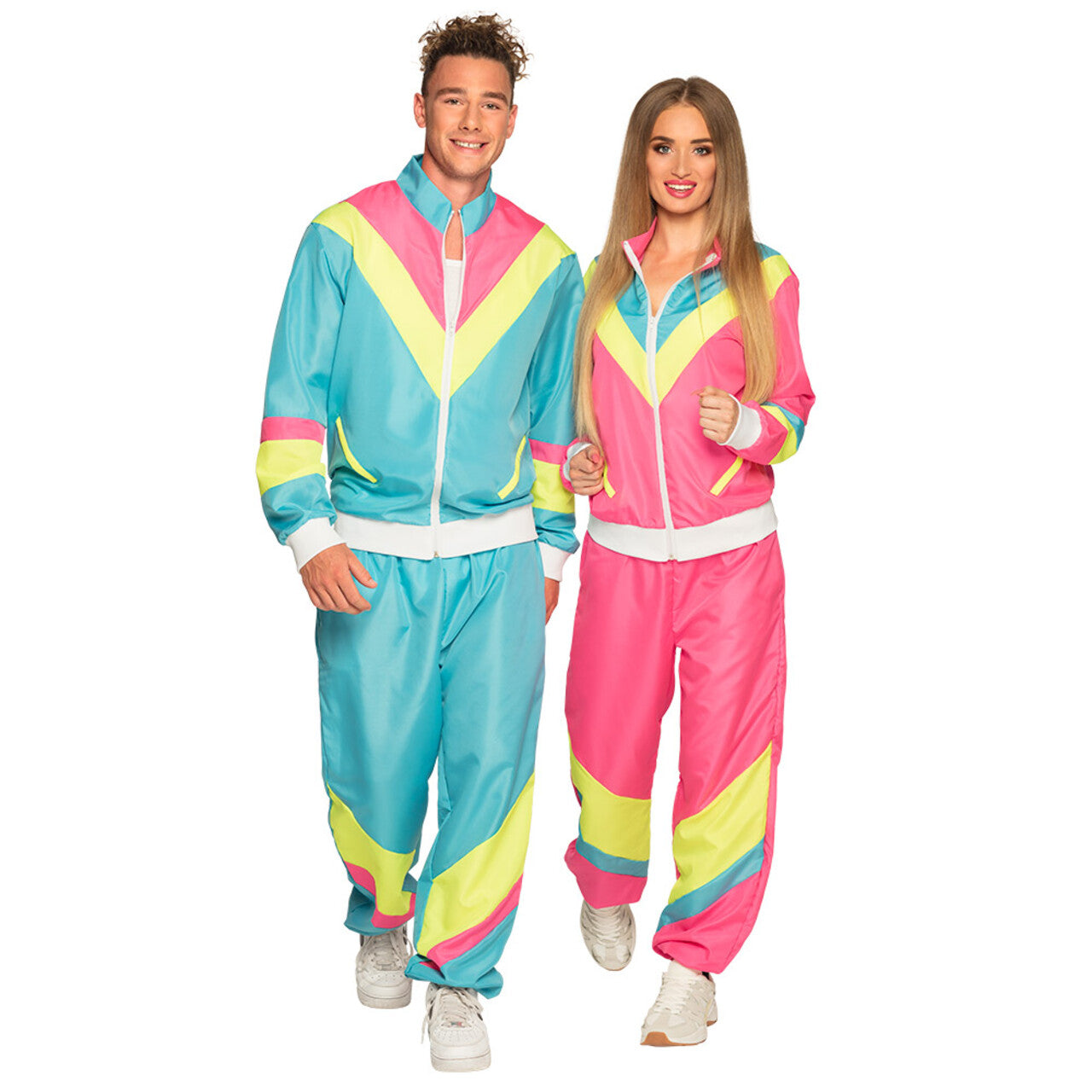 Op deze afbeelding zie je een Kostuums, van het merk Boland. Trainingspak Retro Dude Neonblauw Man Kostuum
