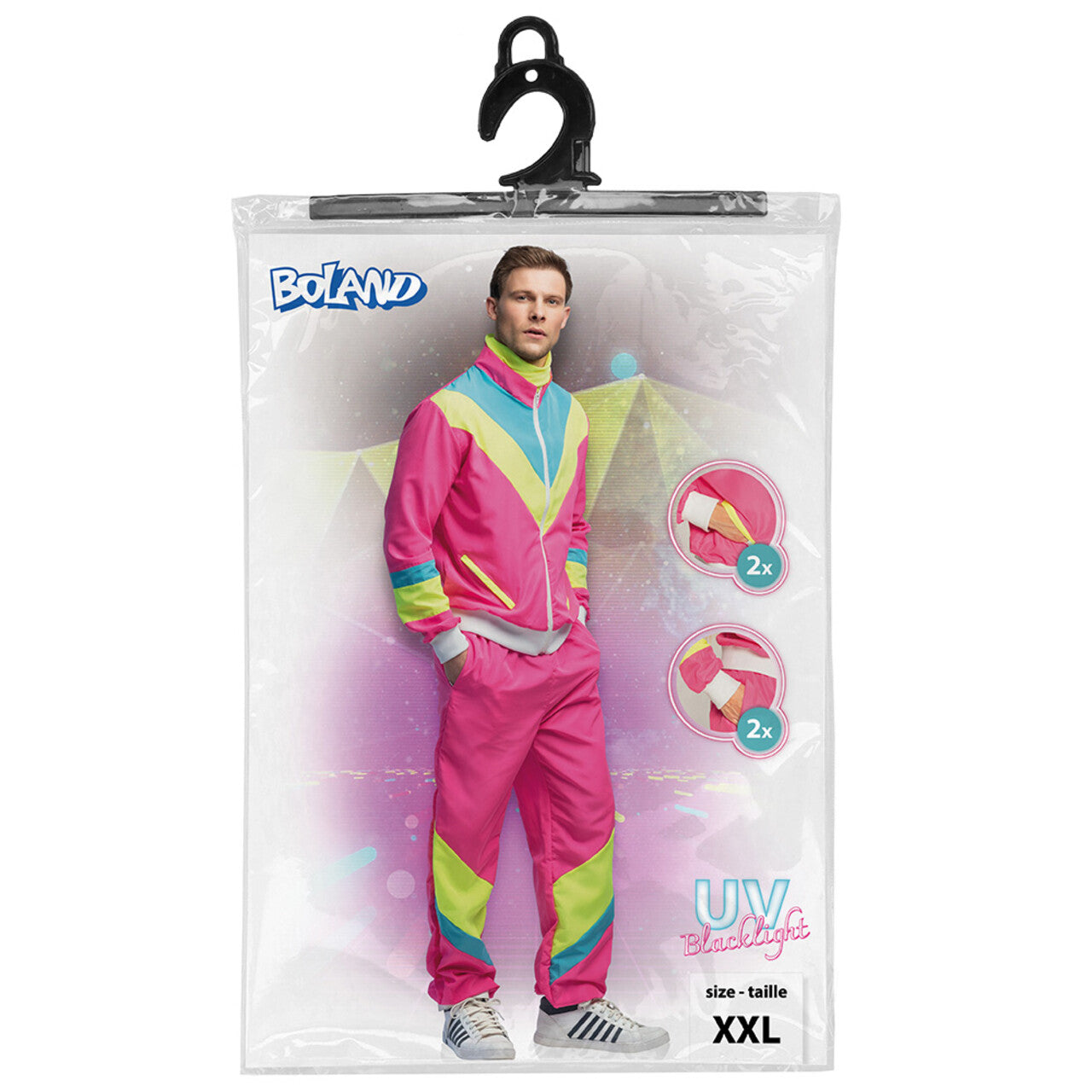 Op deze afbeelding zie je een Kostuums, van het merk Boland. Trainingspak Retro Dude Neonroze Man Kostuum