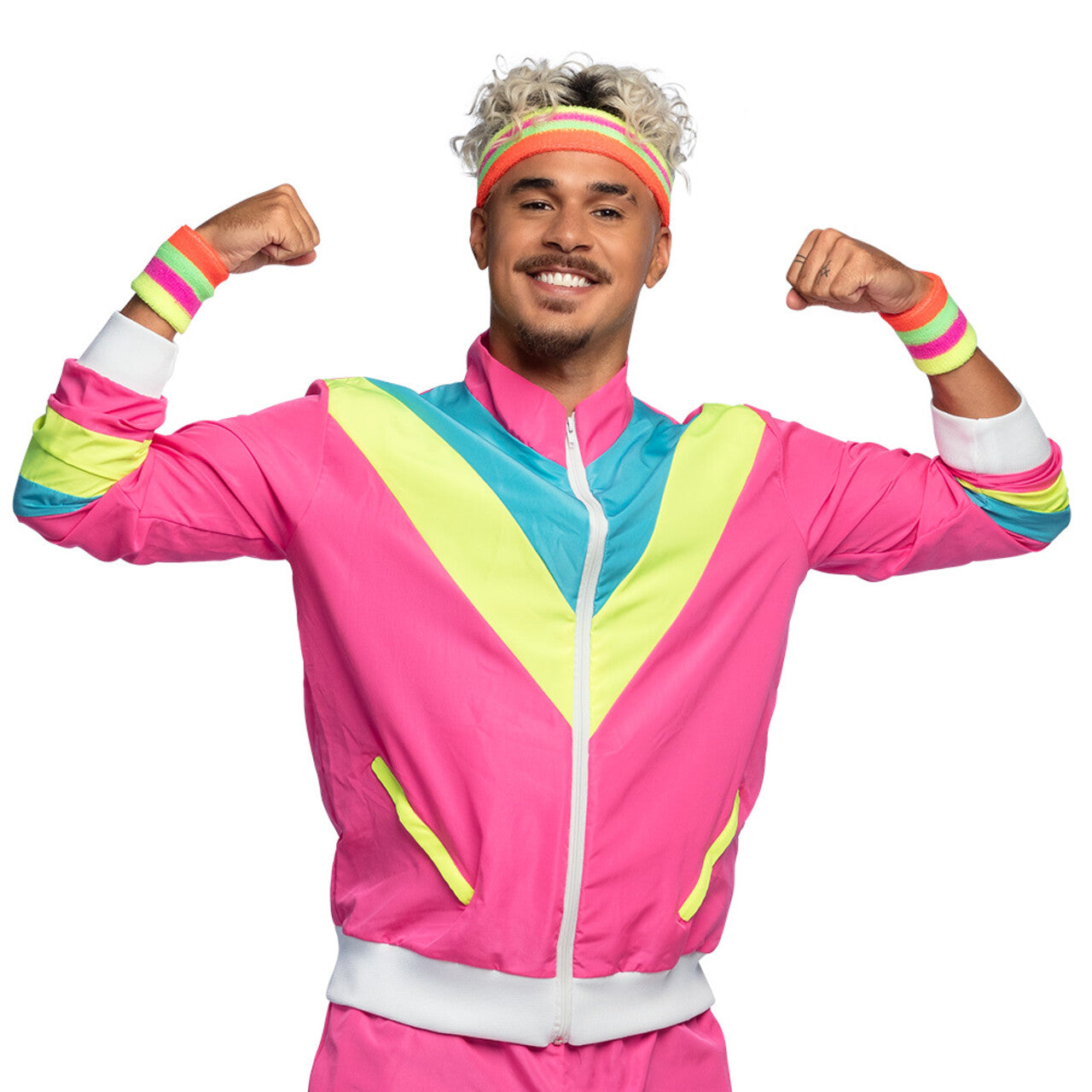 Op deze afbeelding zie je een Kostuums, van het merk Boland. Trainingspak Retro Dude Neonroze Man Kostuum