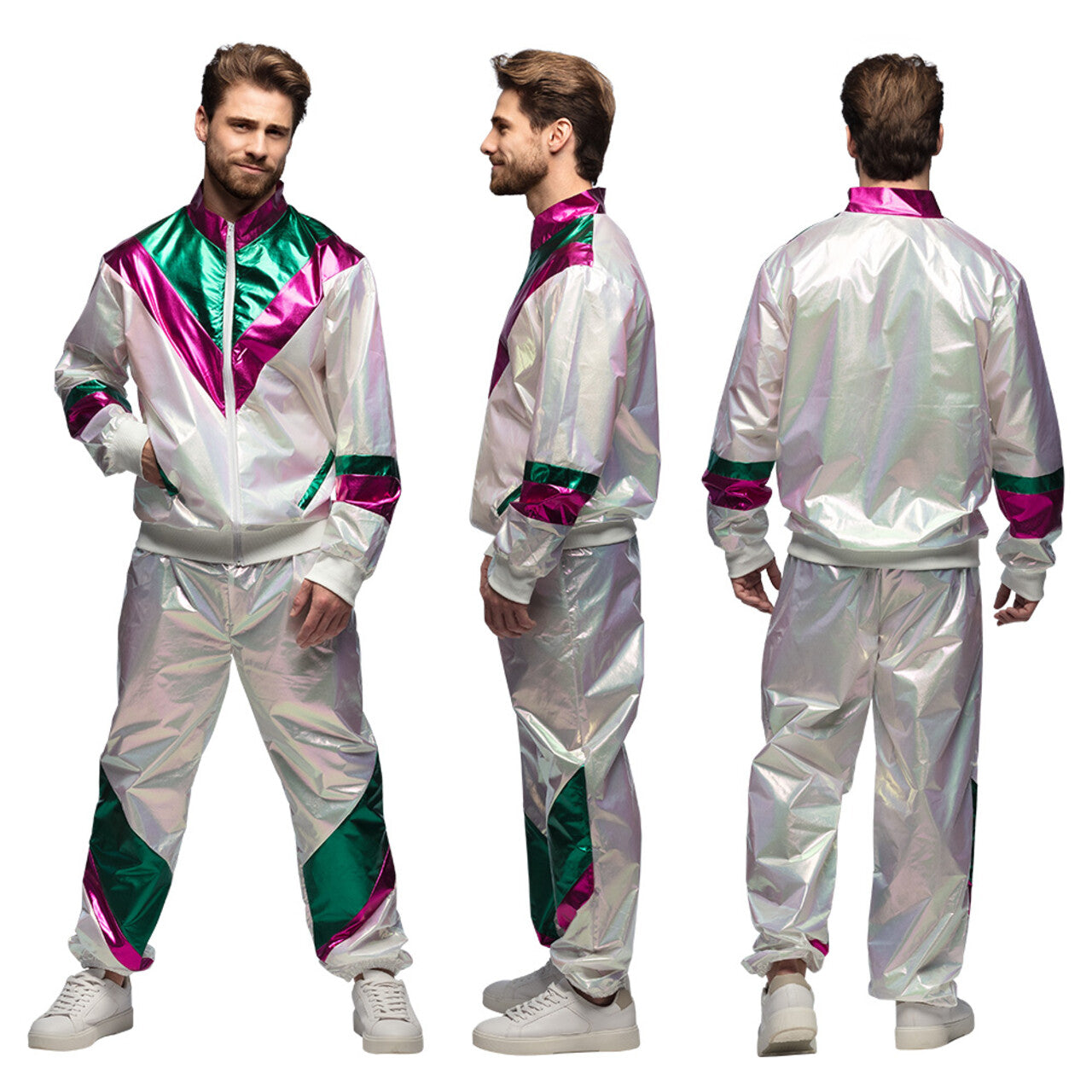Op deze afbeelding zie je een Kostuums, van het merk Boland. Trainingspak Holographic Dude Man Kostuum