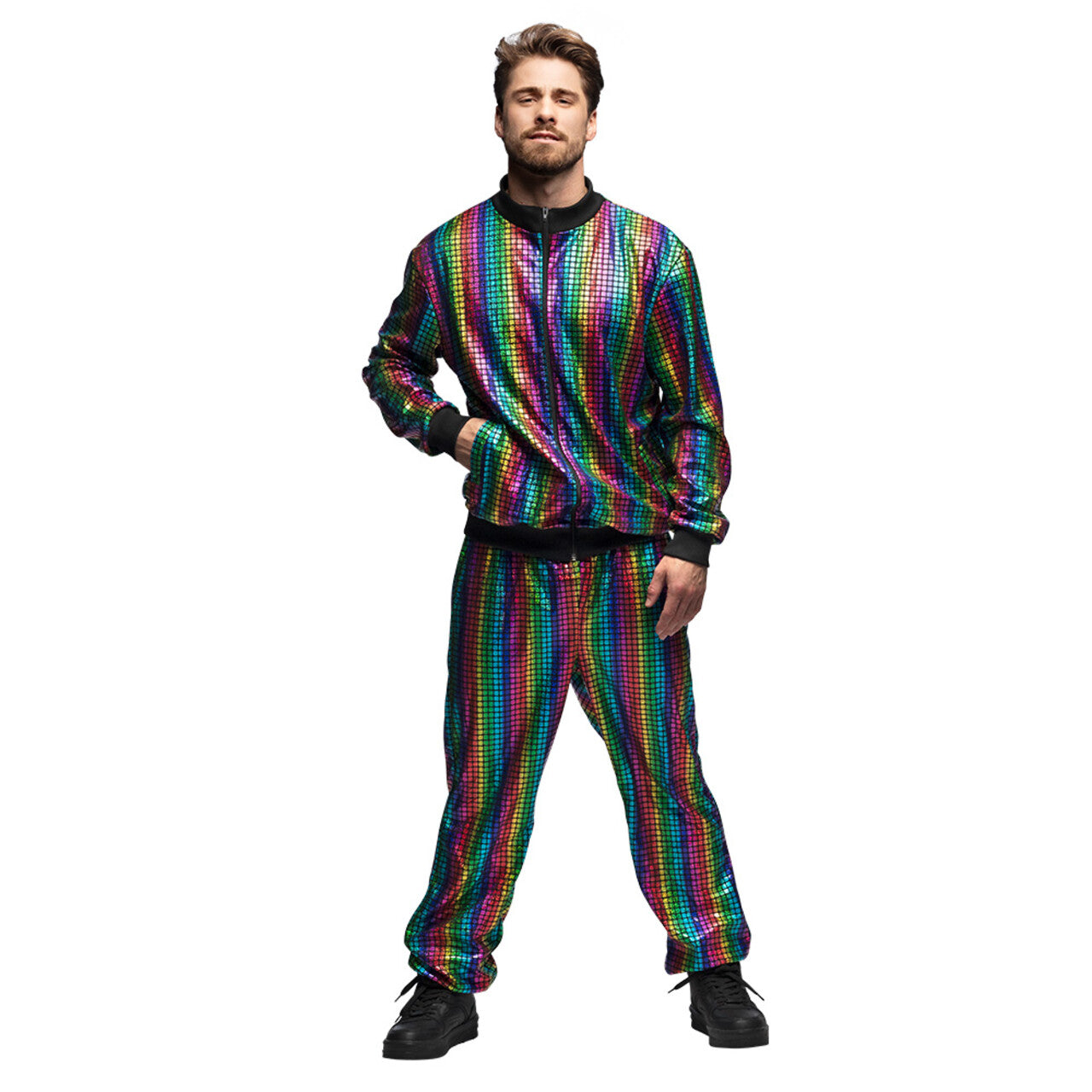 Op deze afbeelding zie je een Kostuums, van het merk Boland. Trainingspak Regenboog Dude Man Kostuum