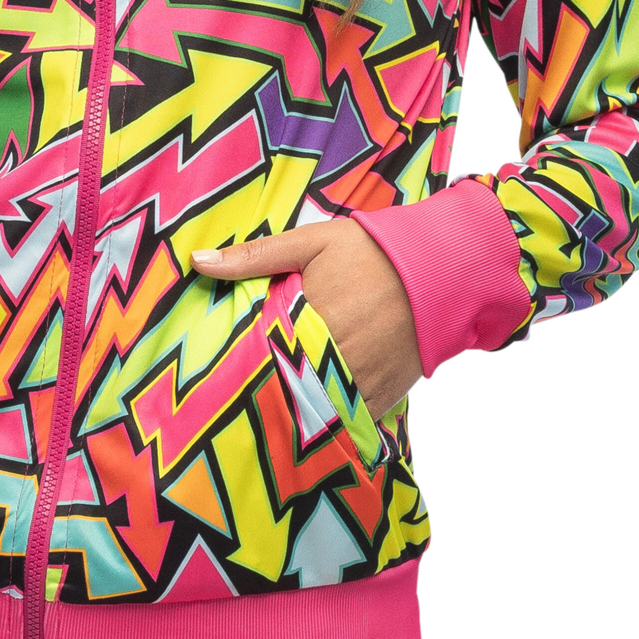 Op deze afbeelding zie je een Kostuums, van het merk Boland. Trainingspak 90s Street Art Blacklight Vrouw Kostuum