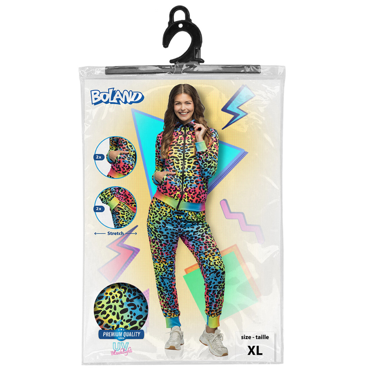Op deze afbeelding zie je een Kostuums, van het merk Boland. Super Fout 90s Trainingspak Leopard Art Blacklight Vrouw Kostuum