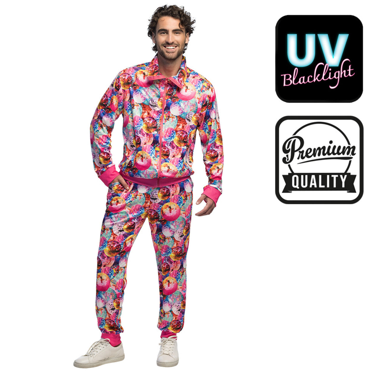 Op deze afbeelding zie je een Kostuums, van het merk Boland. Trainingspak Dancing Dude Uv (S) Premium Quality Man Kostuum