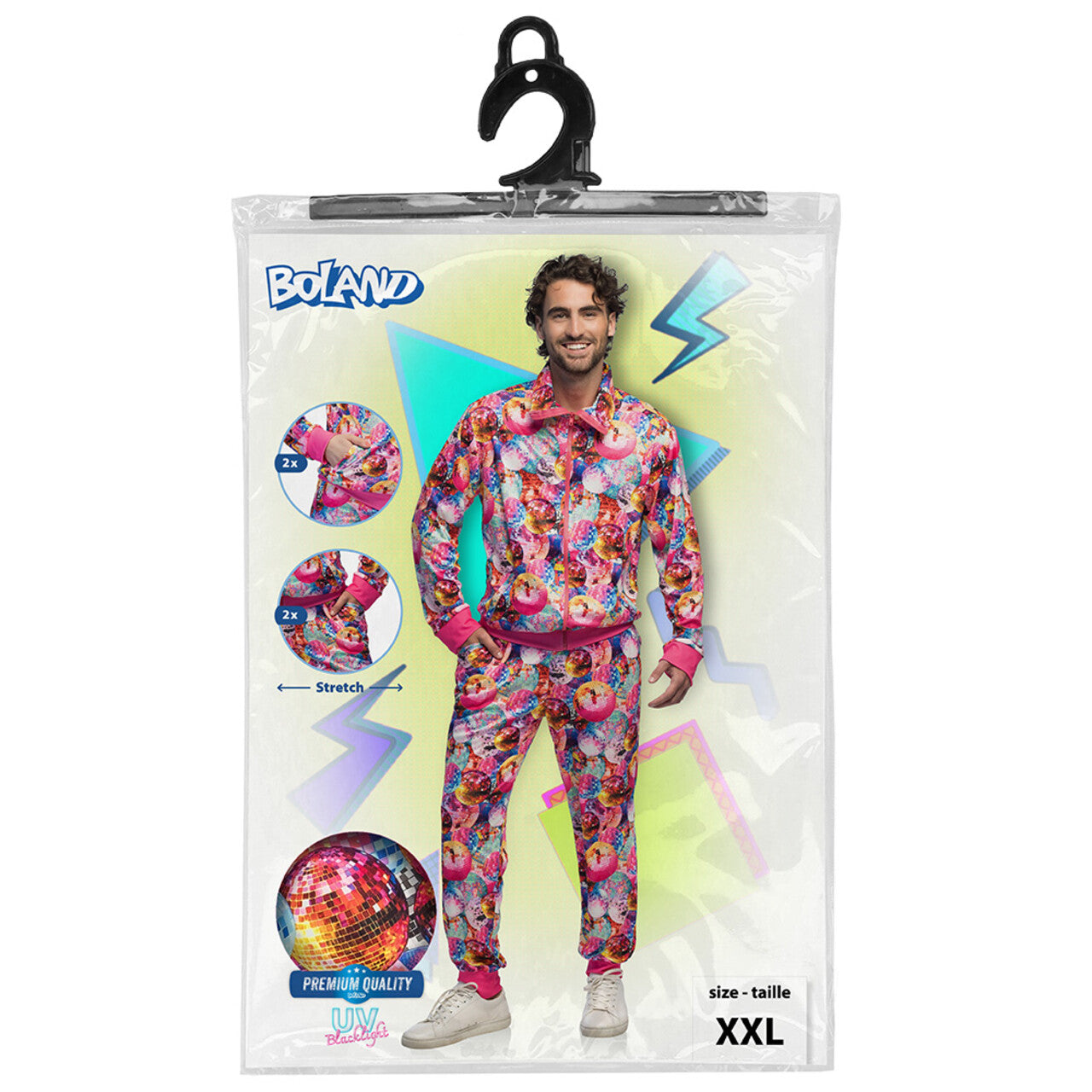 Op deze afbeelding zie je een Kostuums, van het merk Boland. Trainingspak Dancing Dude Uv (S) Premium Quality Man Kostuum