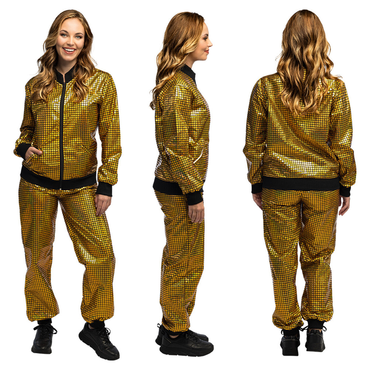 Op deze afbeelding zie je een Kostuums, van het merk Boland. Trainingspak Disco Diamond Babe Goud Vrouw Kostuum