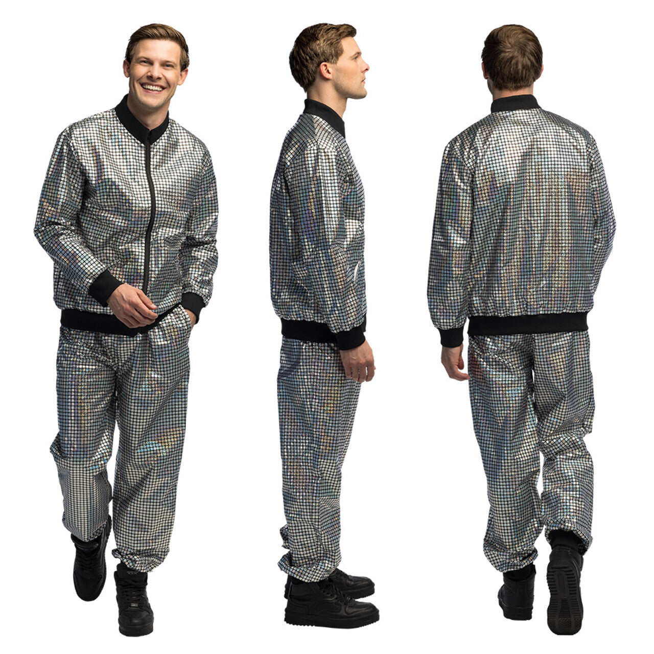 Op deze afbeelding zie je een Kostuums, van het merk Boland. Trainingspak Disco Bal Zilver Mr Cool Man Kostuum