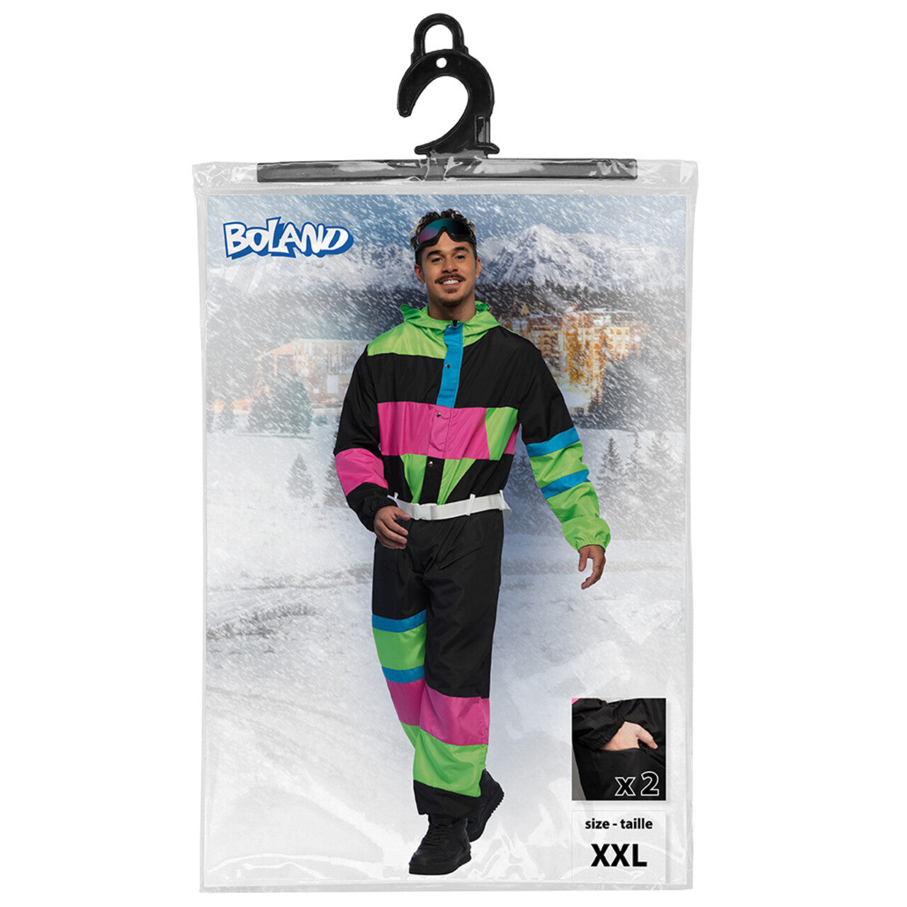 Op deze afbeelding zie je een Kostuums, van het merk Boland. Skipak 80s Larry Lawine Man Kostuum