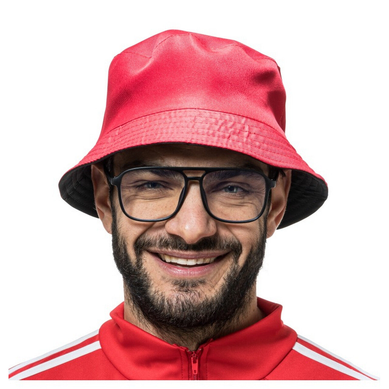 Op deze afbeelding zie je een Accessoires, van het merk Chaks. Bucket Hoed Omkeerbaar Rood / Zwart Met Bril